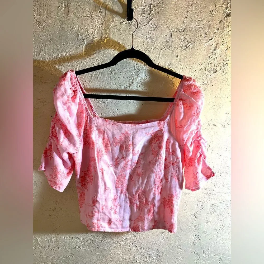Cynthia Rowley Pink Ruffled Crop Blouse European flax linen, 3/4 ruched sleeve